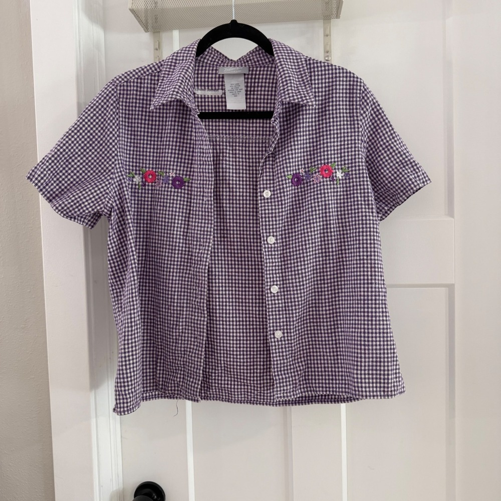 VTG Purple Gingham Linen Bl Floral Embroidered Short sleeve top M Cottagecore
